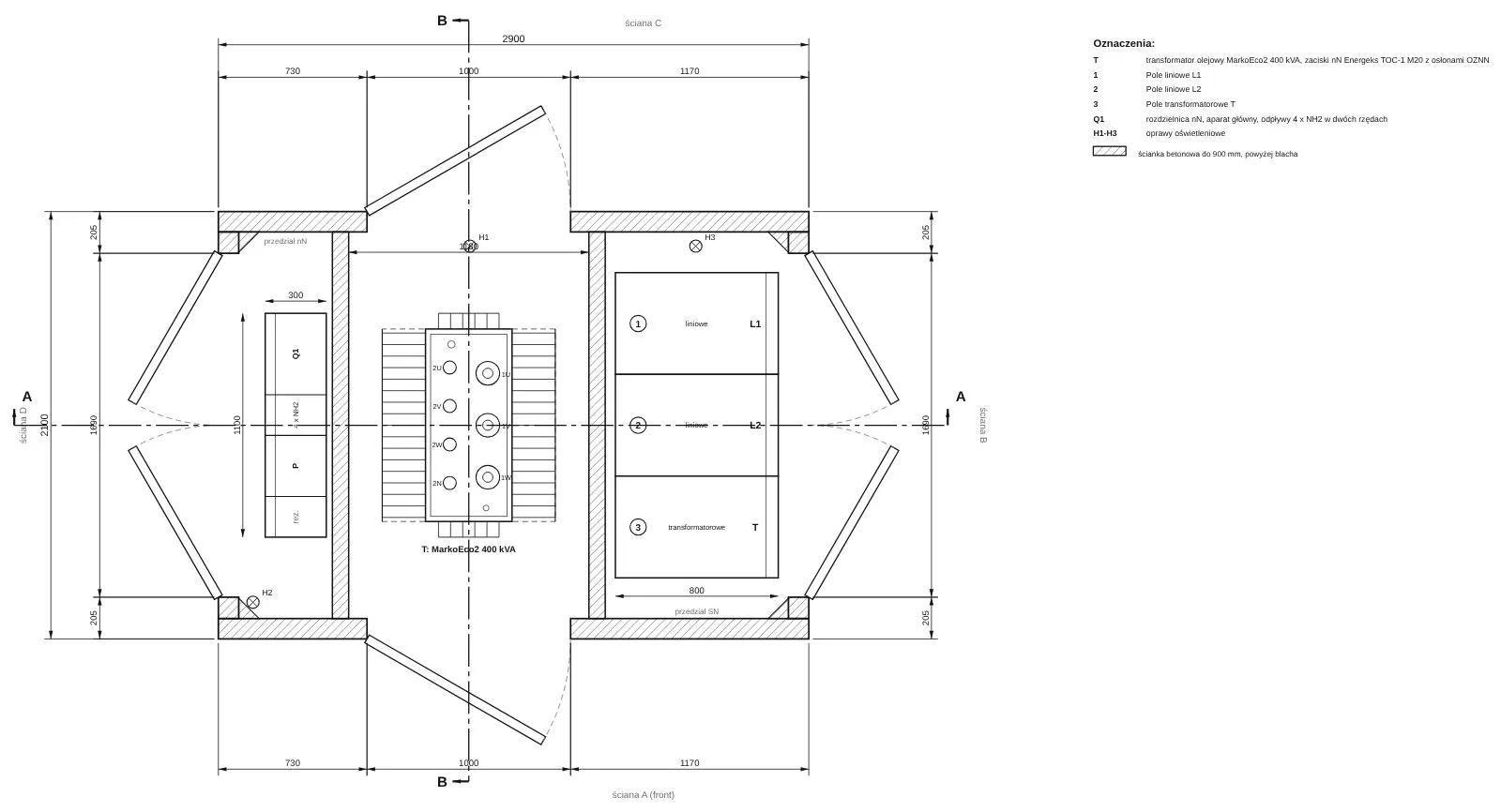 Rzut z rozmieszczeniem aparatury: budowlana stacja transformatorowa Energeks 400 kVA, ENG-B400-15S-LLT-04-thumbnail