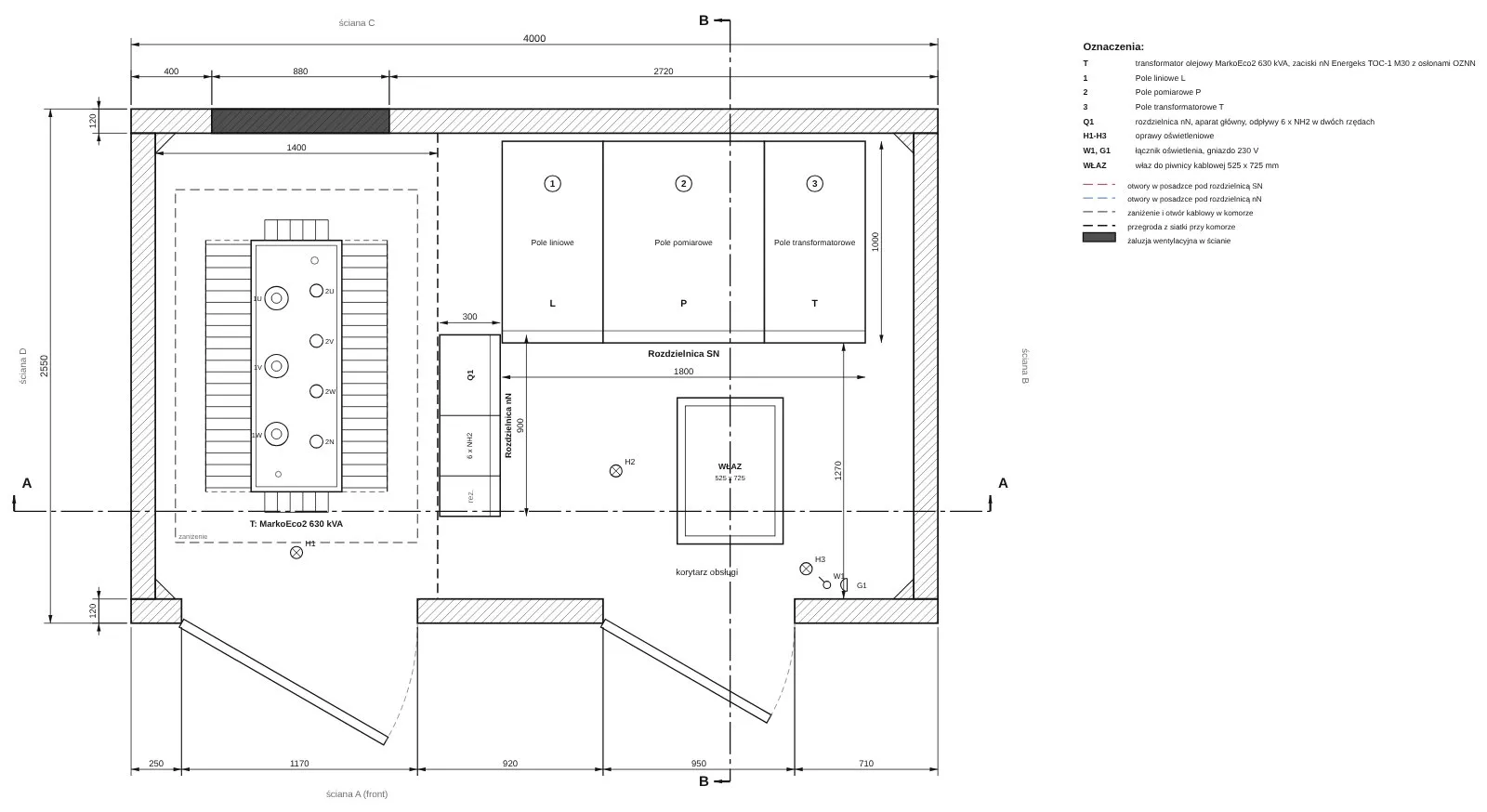 Rzut z rozmieszczeniem aparatury: kontenerowa stacja transformatorowa z obsługą wewnętrzną Energeks 630 kVA, ENG-B630-15S-LPT-06-K-thumbnail