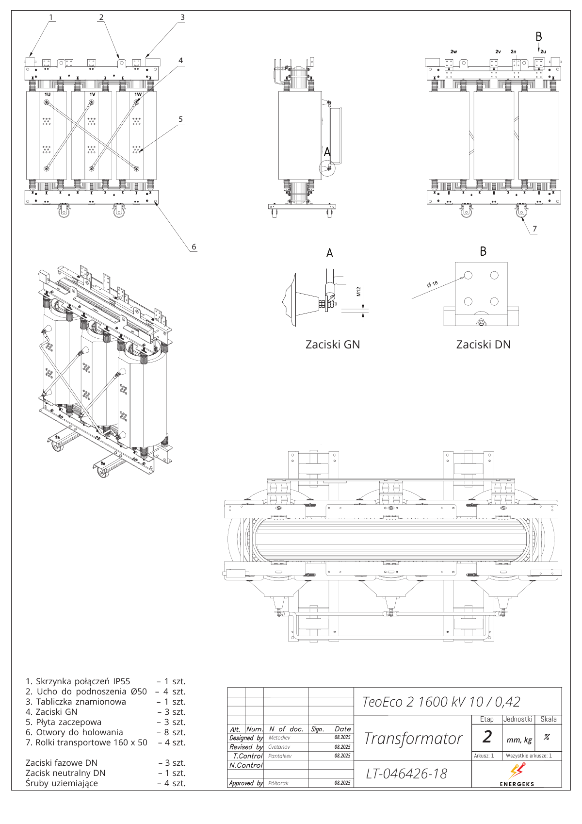 TeoEco2 1 600 kVA 10/0,42 kV: rysunek z karty katalogowej, widoki z zaciskami GN i DN oraz lista części
